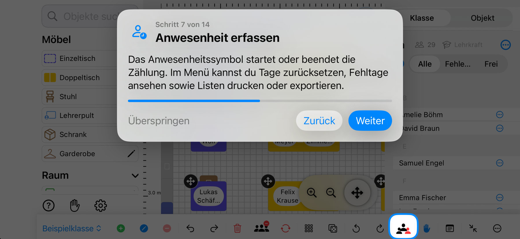 Classroom Planer im Querformat: Das Symbol zum Erfassen der Anwesenheit ist hervorgehoben – iPhone-Ansicht