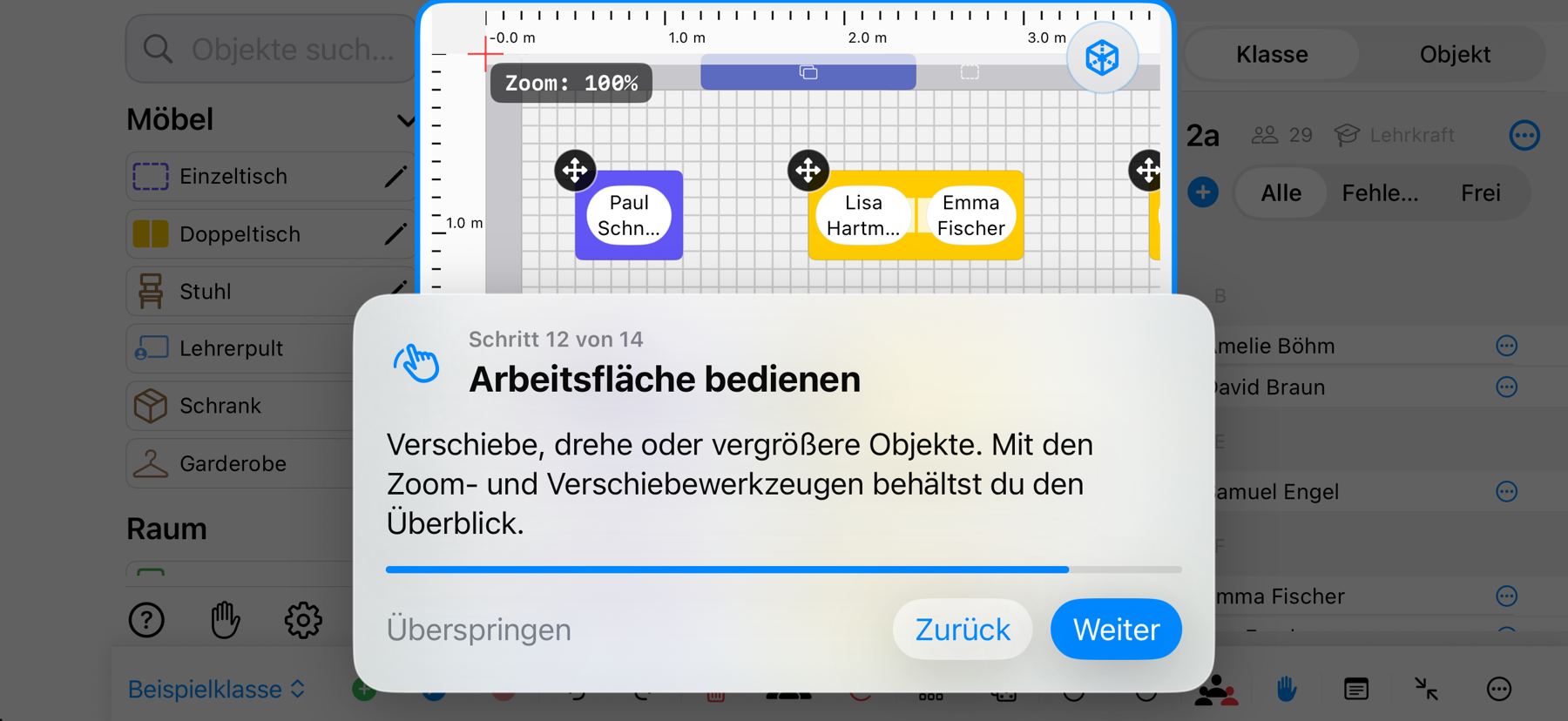 Classroom Planer im Querformat: Die Arbeitsfläche mit Raster, Zoom und 3D-Schaltfläche ist hervorgehoben – iPhone-Ansicht