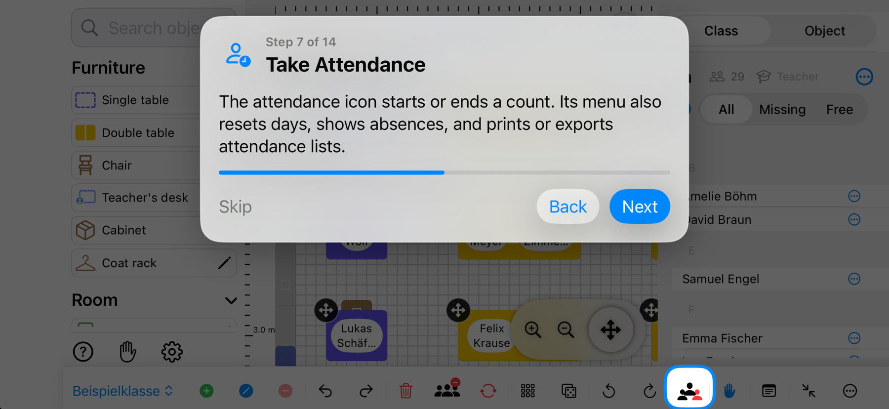 Classroom Planer in landscape with the attendance button highlighted – iPhone view