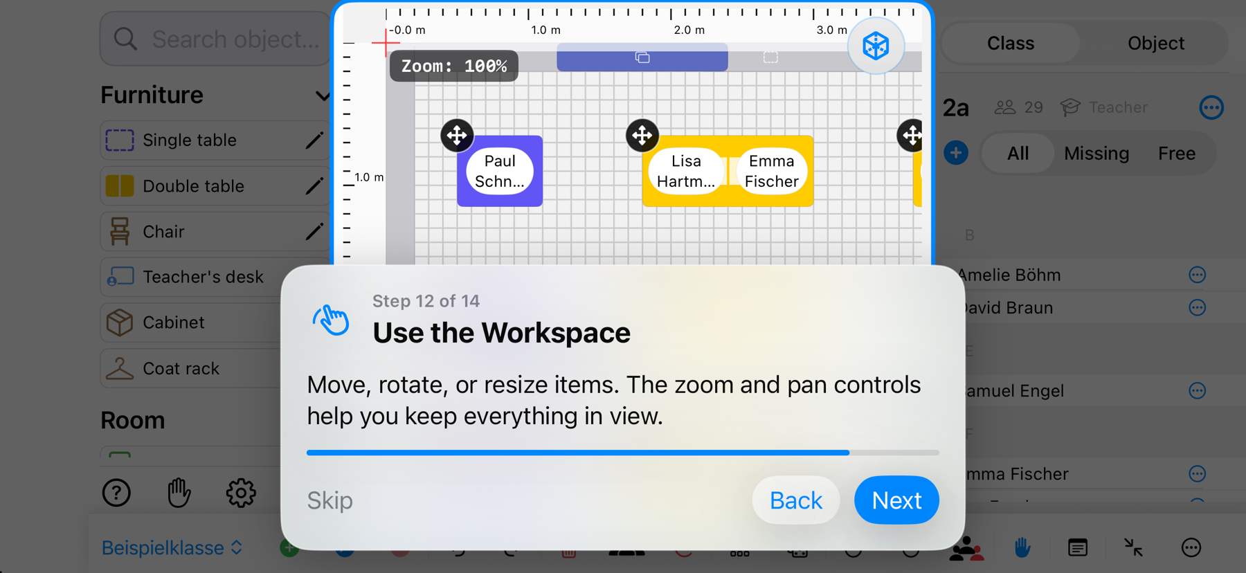 Classroom Planer in landscape with the grid canvas, zoom and 3D button highlighted – iPhone view