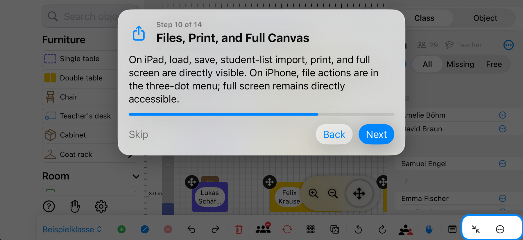 Classroom Planer in landscape with load, save, print and full screen controls highlighted – iPhone view