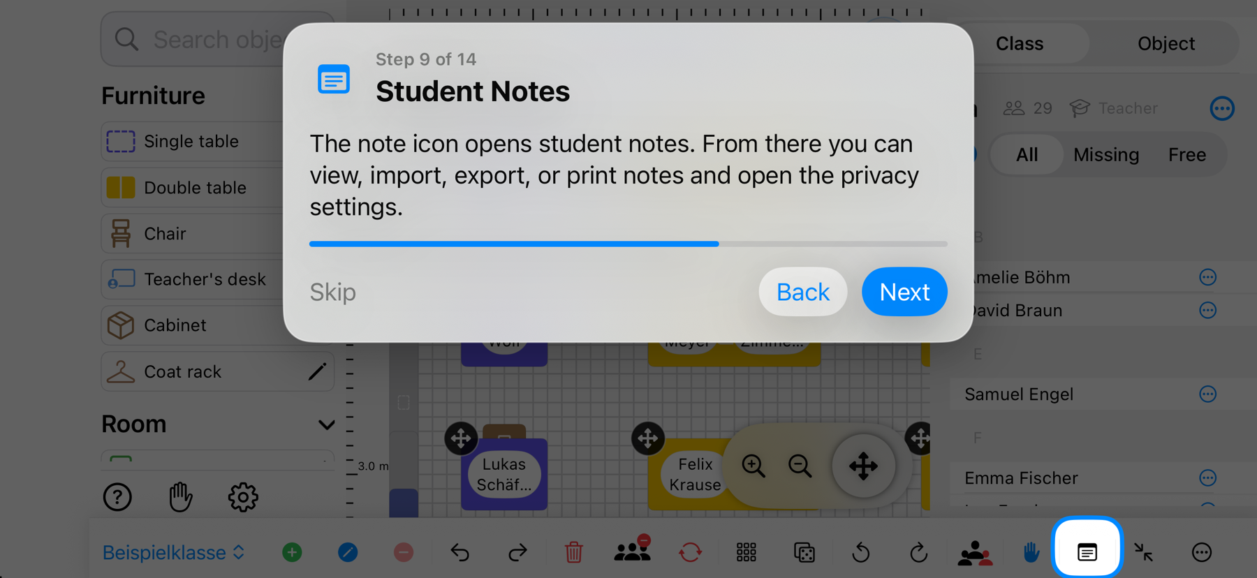 Classroom Planer in landscape with the student notes icon highlighted – iPhone view