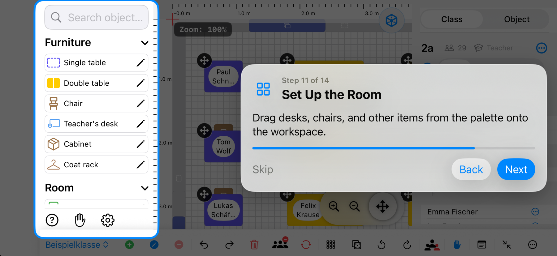 Classroom Planer in landscape with the desks, chairs and room object palette highlighted – iPhone view