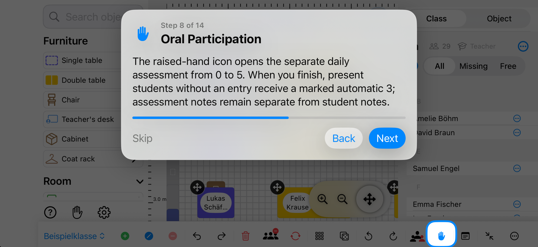 Classroom Planer in landscape with the hand icon for oral participation highlighted – iPhone view