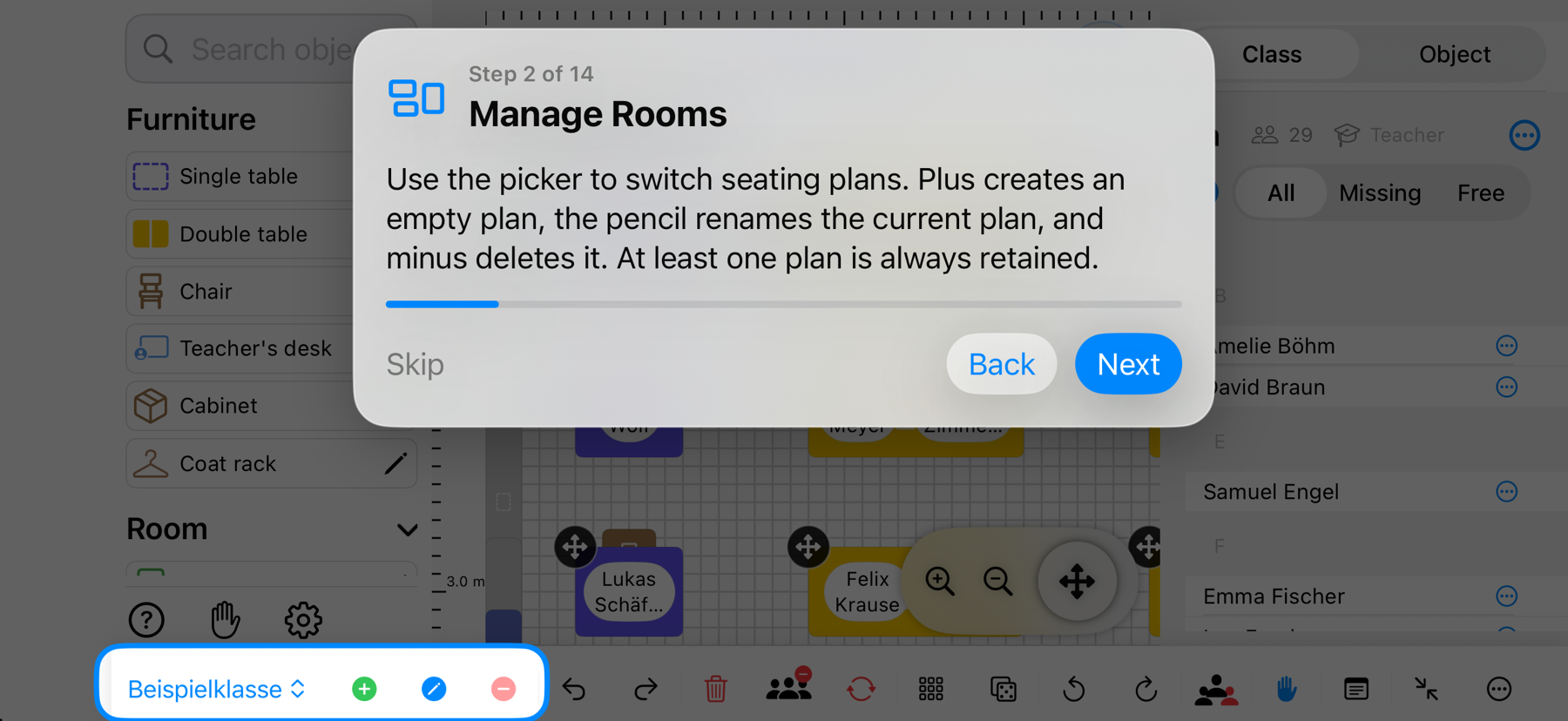 Classroom Planer in landscape with room selection, plus, rename and minus highlighted – iPhone view