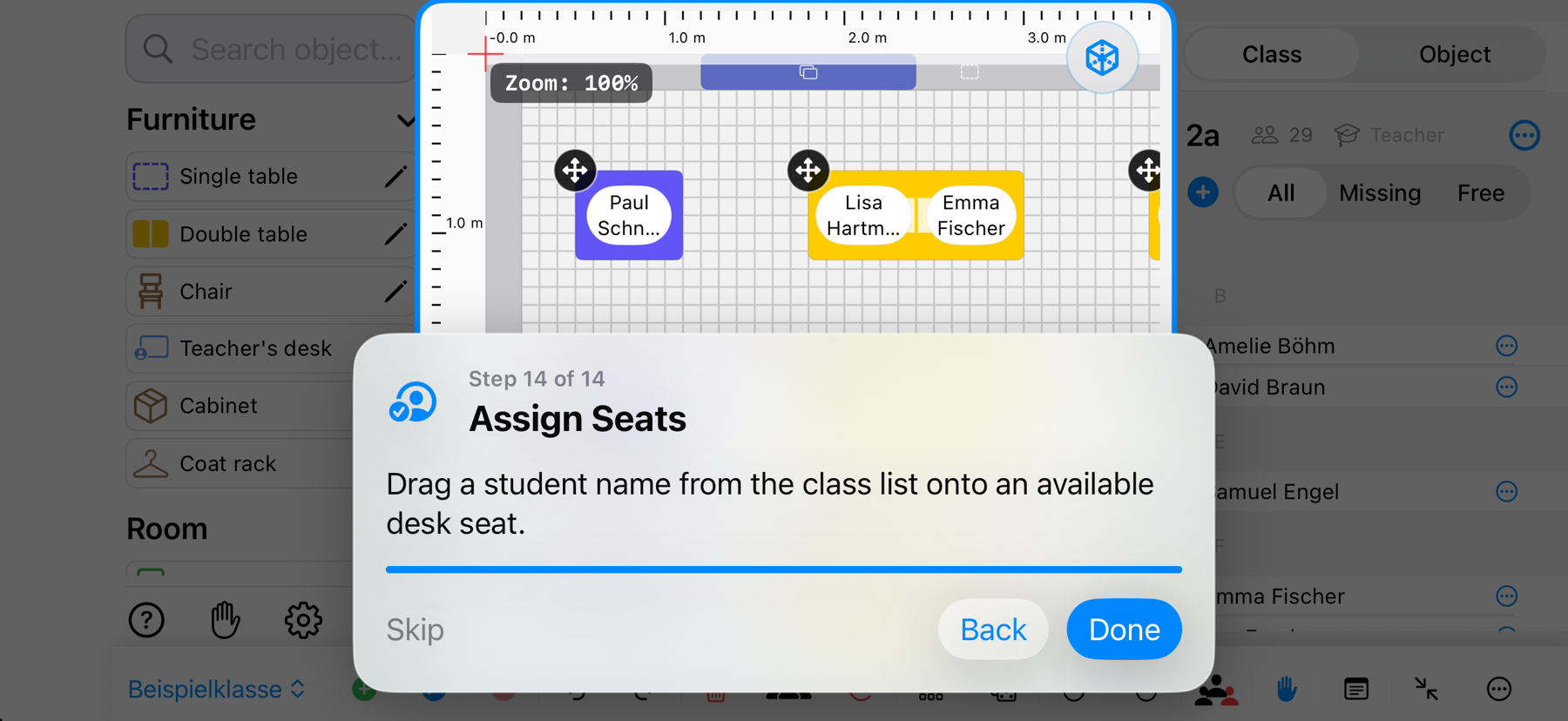 Classroom Planer in landscape showing free desk places and student seat assignment – iPhone view