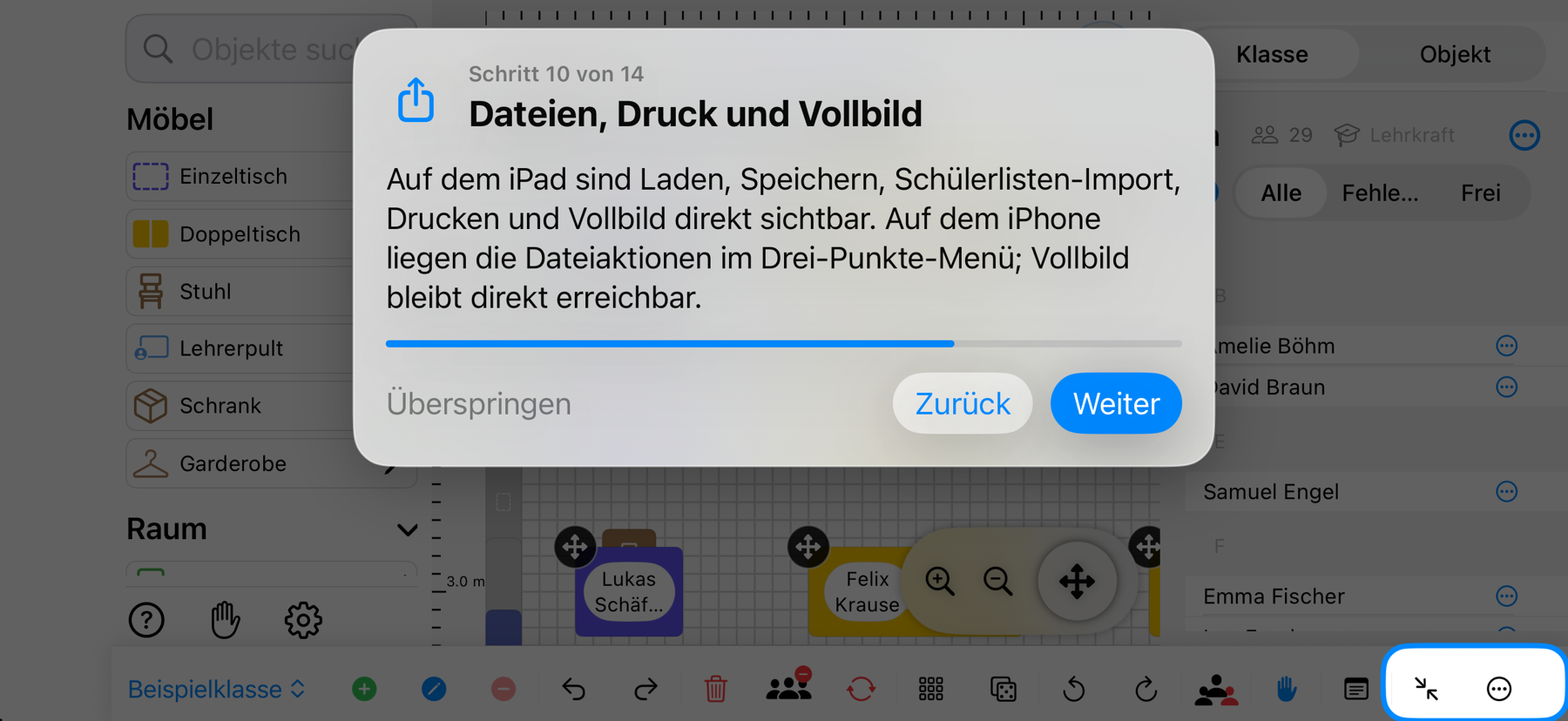Classroom Planer im Querformat: Laden, Speichern, Drucken und Vollbild sind hervorgehoben – iPhone-Ansicht