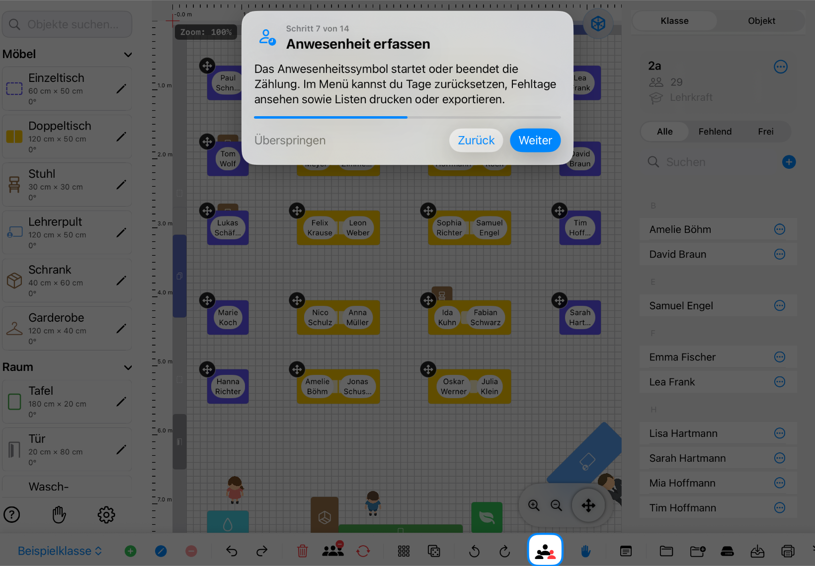 Classroom Planer im Querformat: Das Symbol zum Erfassen der Anwesenheit ist hervorgehoben – iPad-Ansicht