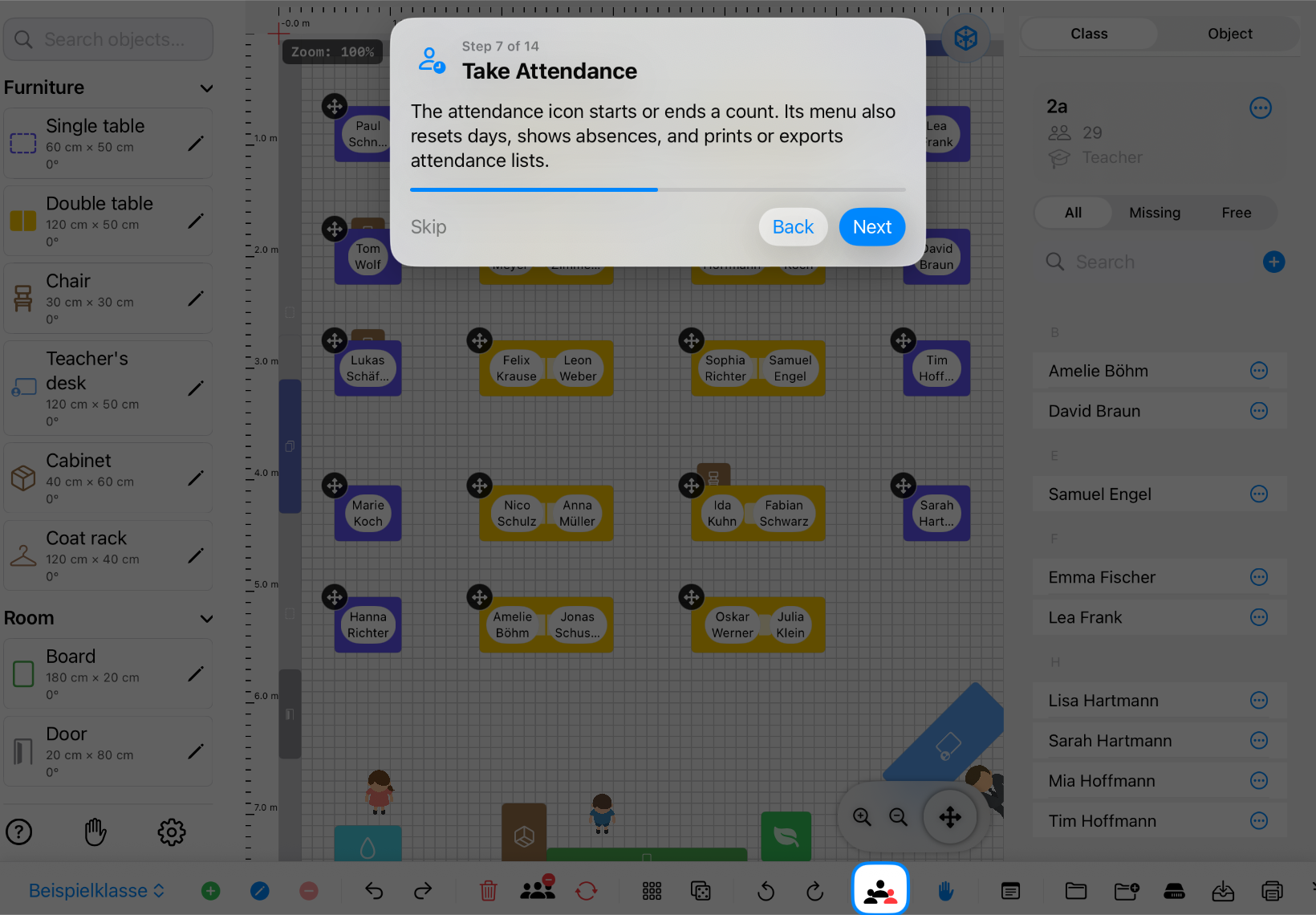 Classroom Planer in landscape with the attendance button highlighted – iPad view