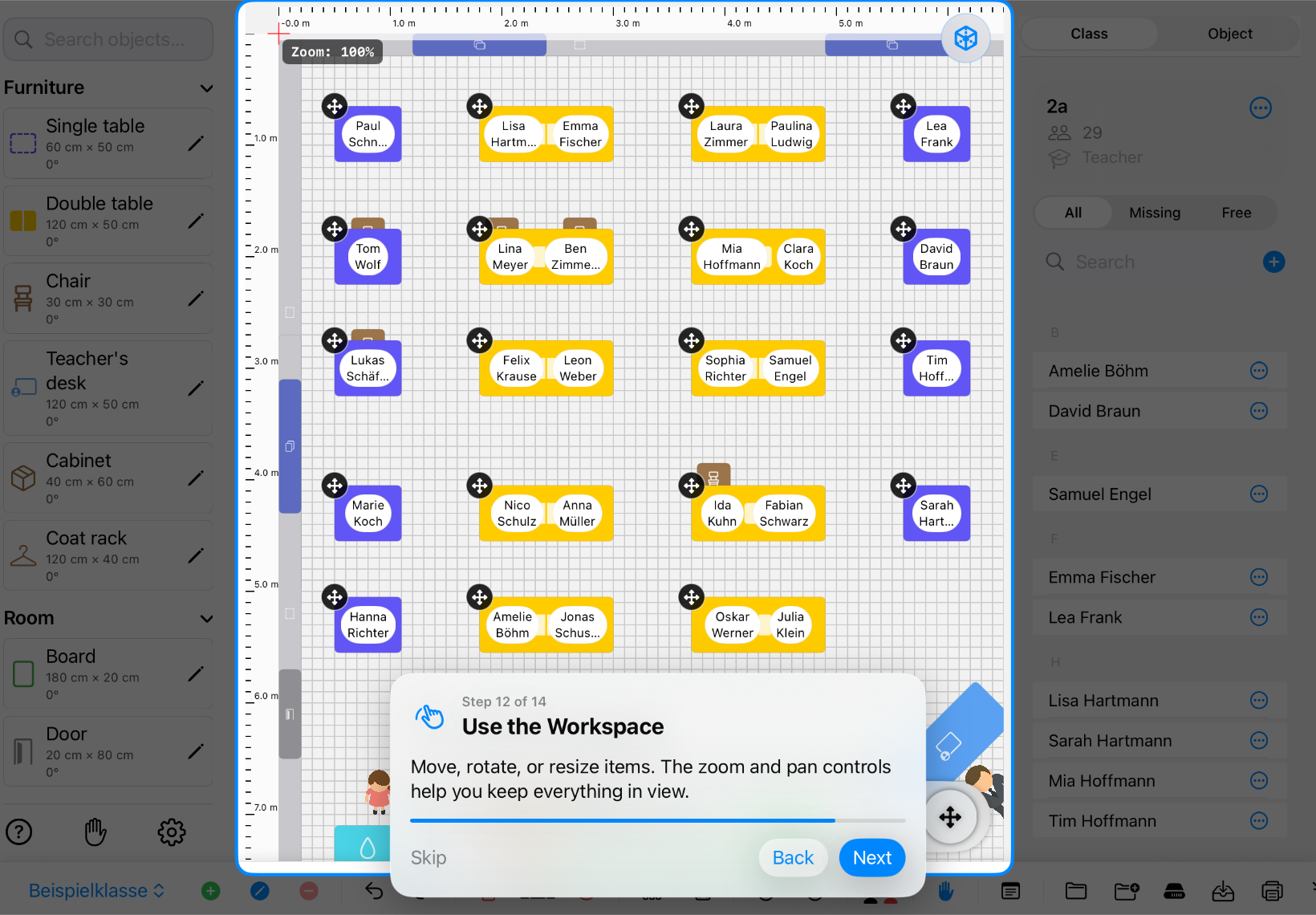 Classroom Planer in landscape with the grid canvas, zoom and 3D button highlighted – iPad view