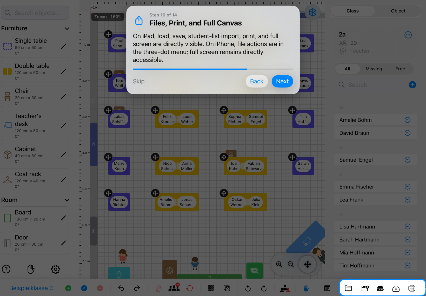 Classroom Planer in landscape with load, save, print and full screen controls highlighted – iPad view