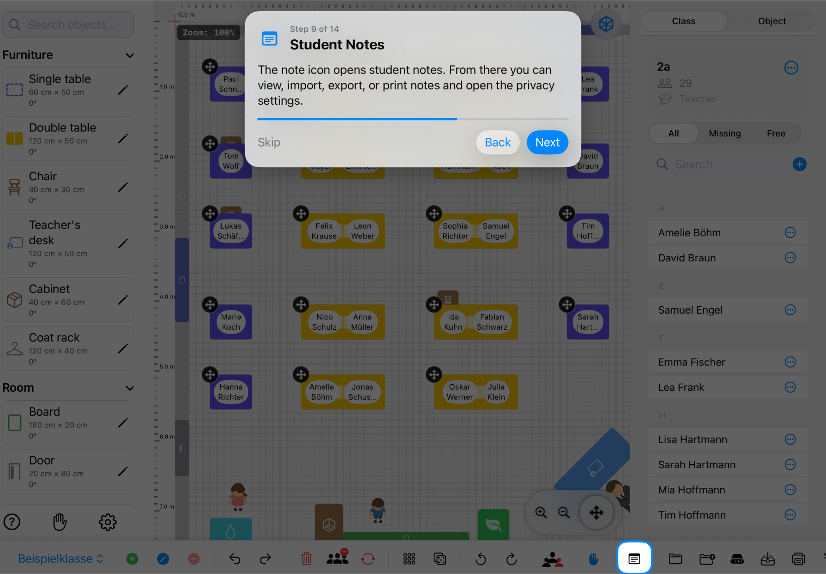 Classroom Planer in landscape with the student notes icon highlighted – iPad view