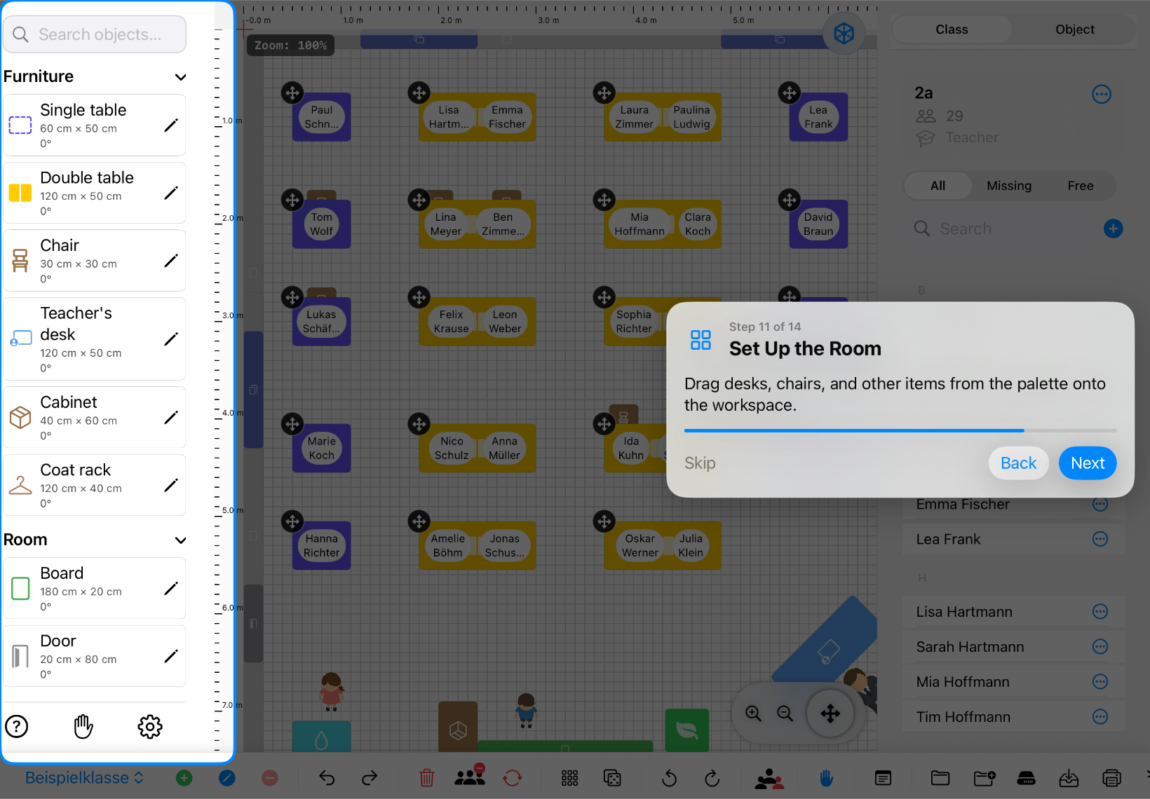Classroom Planer in landscape with the desks, chairs and room object palette highlighted – iPad view