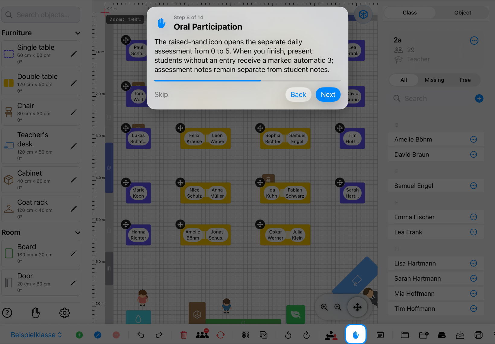 Classroom Planer in landscape with the hand icon for oral participation highlighted – iPad view