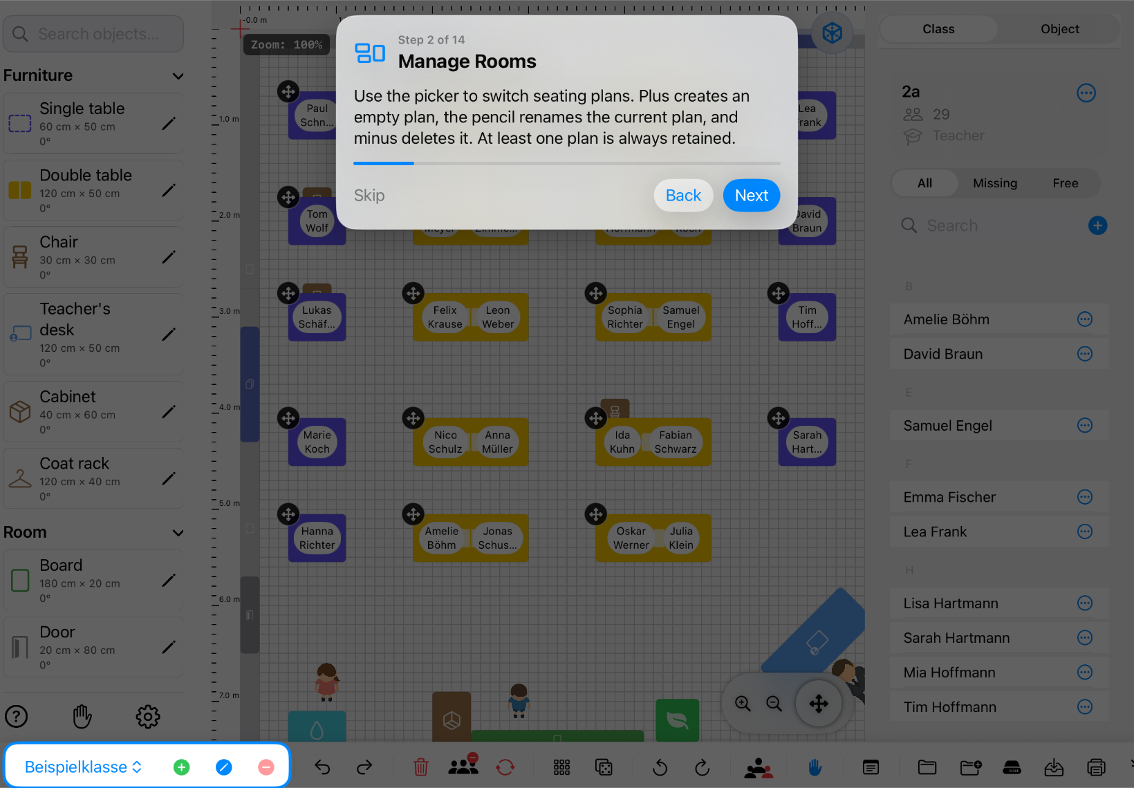 Classroom Planer in landscape with room selection, plus, rename and minus highlighted – iPad view