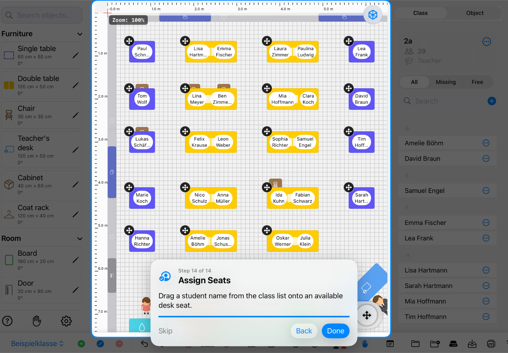 Classroom Planer in landscape showing free desk places and student seat assignment – iPad view