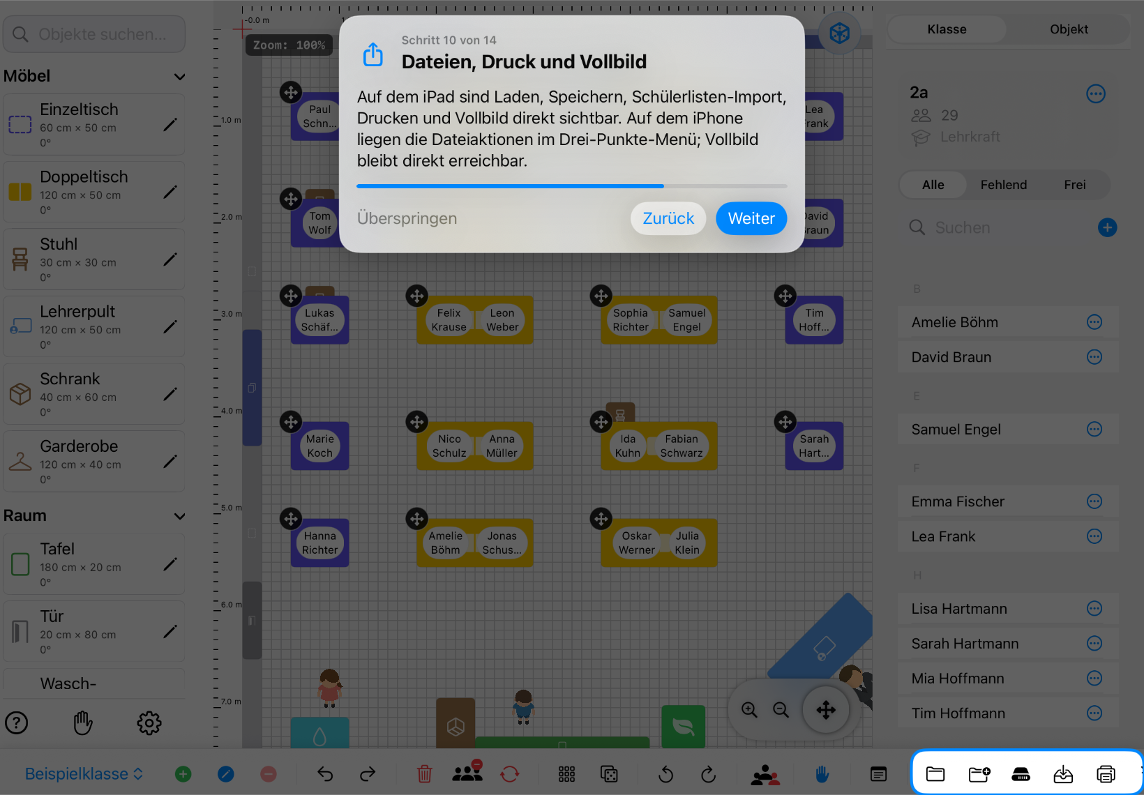 Classroom Planer im Querformat: Laden, Speichern, Drucken und Vollbild sind hervorgehoben – iPad-Ansicht