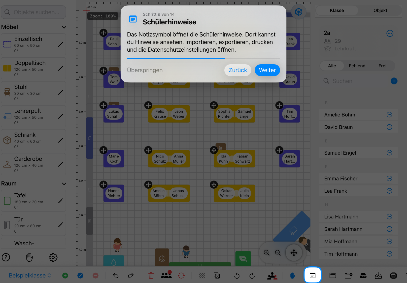 Classroom Planer im Querformat: Das Symbol für Schülerhinweise ist hervorgehoben – iPad-Ansicht