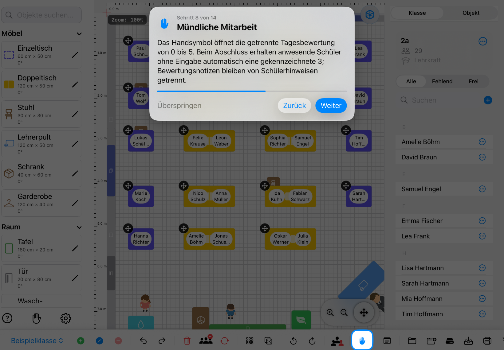 Classroom Planer im Querformat: Das Handsymbol für mündliche Mitarbeit ist hervorgehoben – iPad-Ansicht