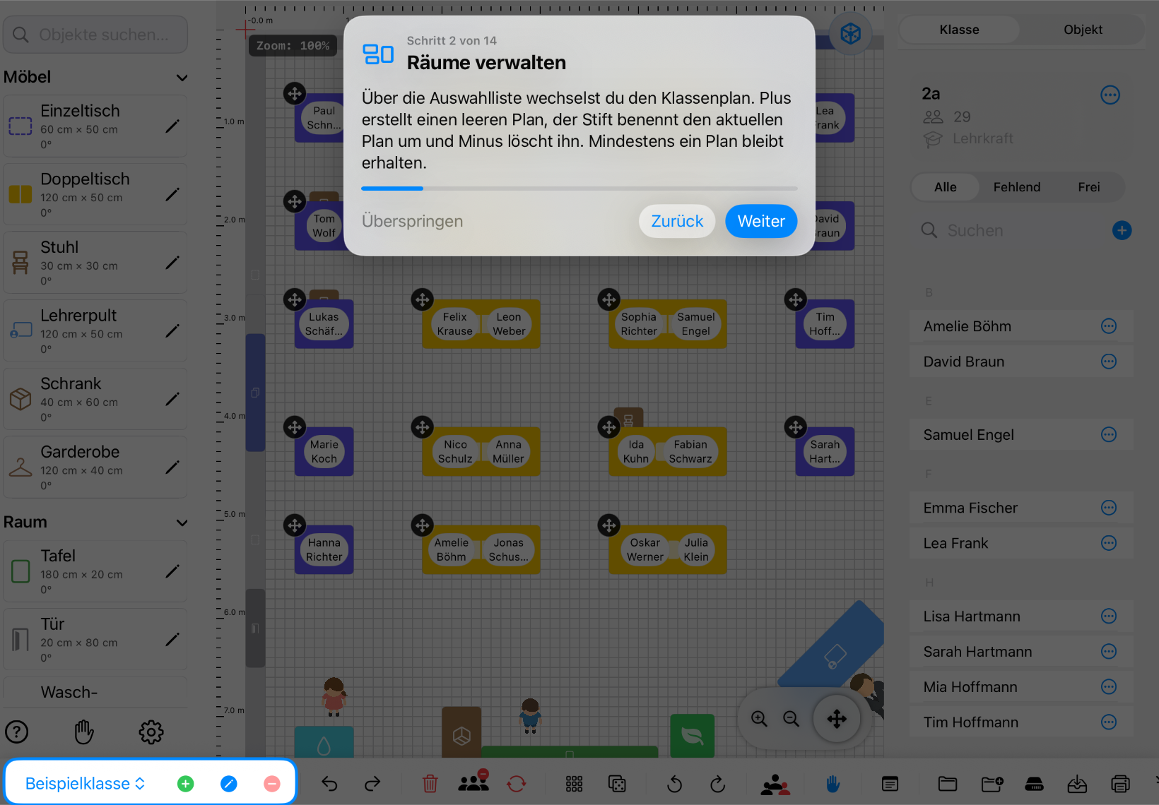 Classroom Planer im Querformat: Die Raumverwaltung mit Auswahl, Plus, Umbenennen und Minus ist hervorgehoben – iPad-Ansicht