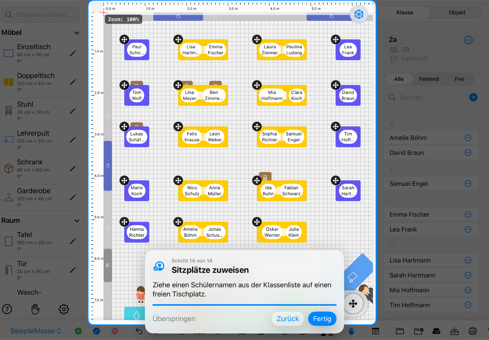 Classroom Planer im Querformat: Freie Tischplätze und die Funktion zum Zuweisen von Schülerinnen und Schülern – iPad-Ansicht