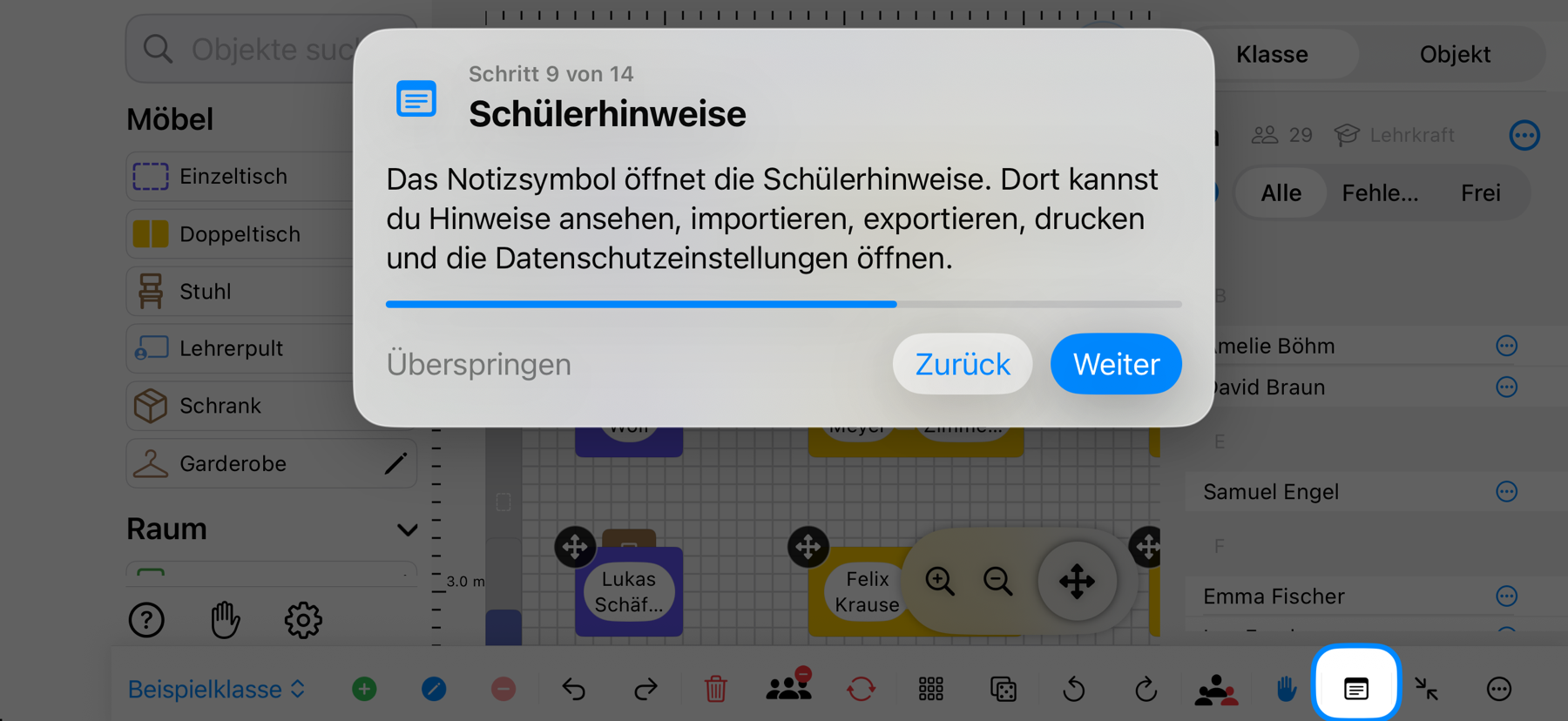 Classroom Planer im Querformat: Das Symbol für Schülerhinweise ist hervorgehoben – iPhone-Ansicht