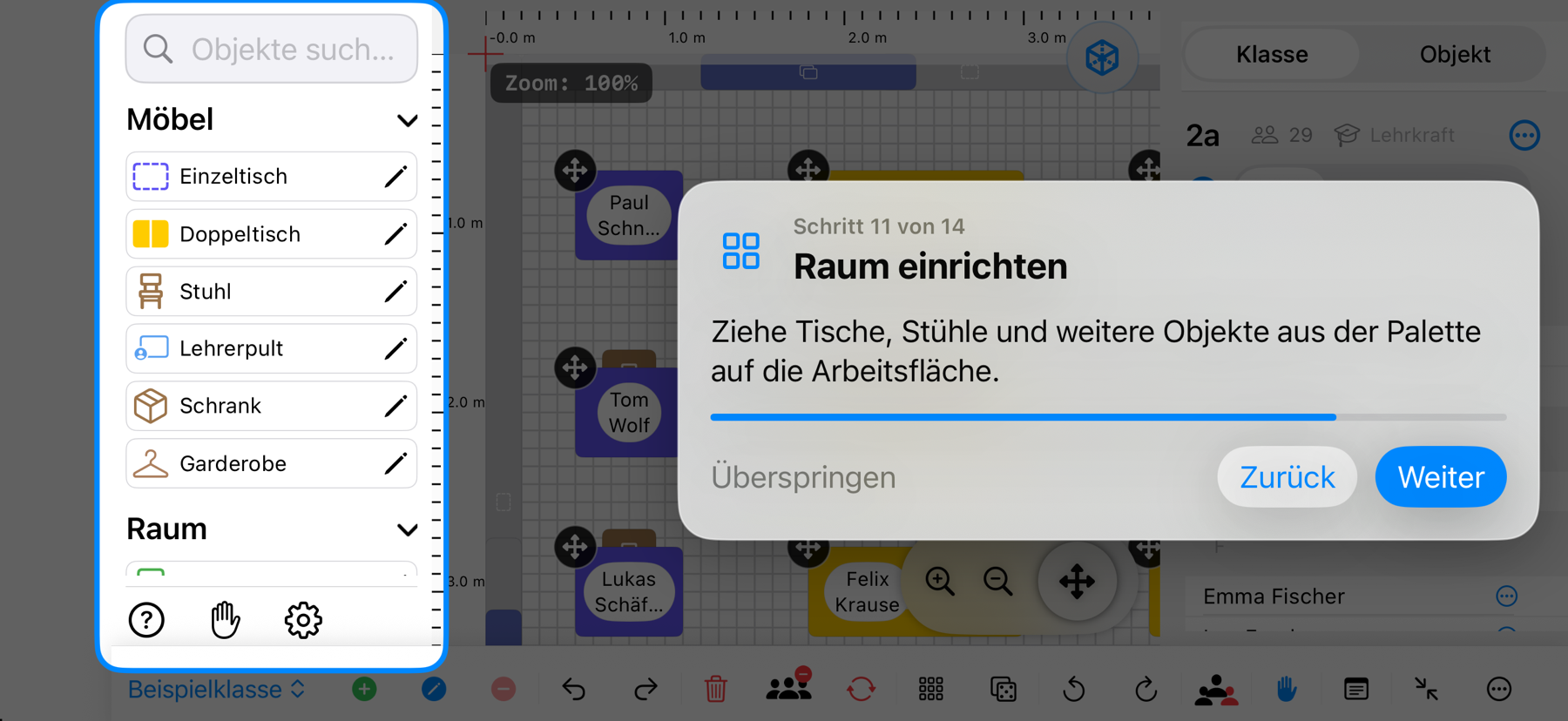 Classroom Planer im Querformat: Die Palette mit Tischen, Stühlen und Raumelementen ist hervorgehoben – iPhone-Ansicht