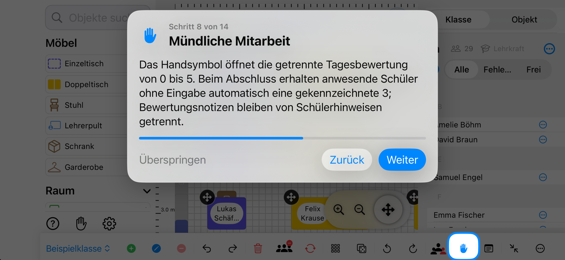 Classroom Planer im Querformat: Das Handsymbol für mündliche Mitarbeit ist hervorgehoben – iPhone-Ansicht