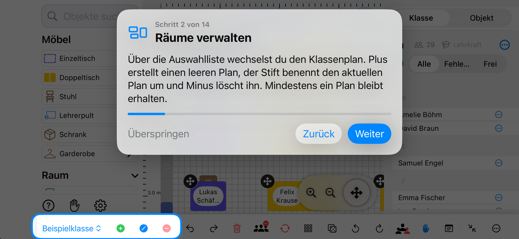Classroom Planer im Querformat: Die Raumverwaltung mit Auswahl, Plus, Umbenennen und Minus ist hervorgehoben – iPhone-Ansicht