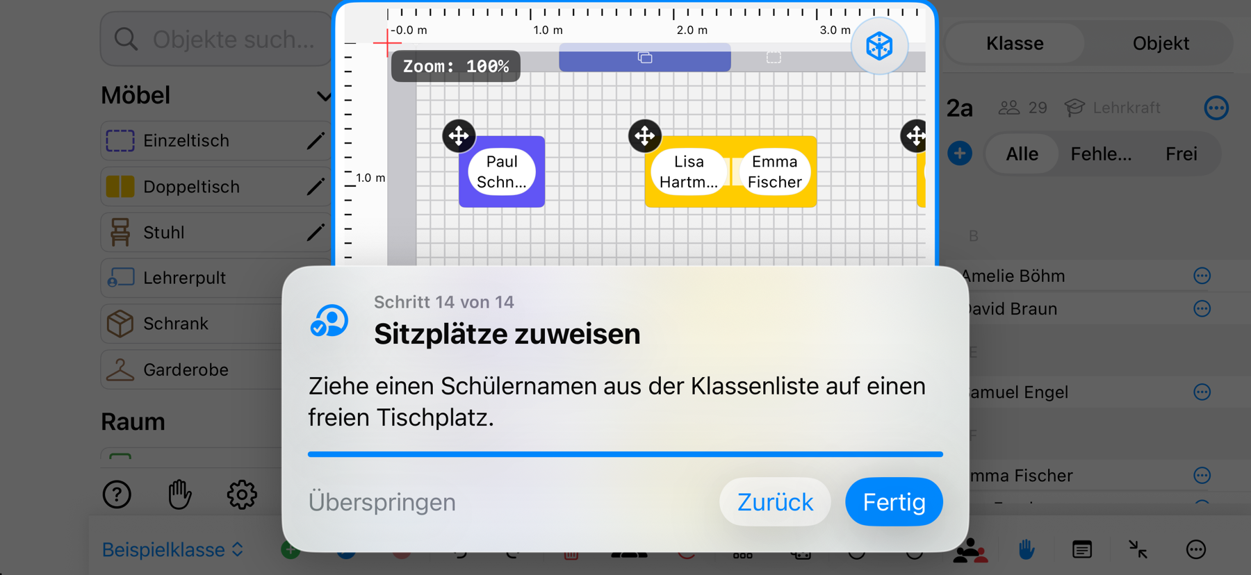 Classroom Planer im Querformat: Freie Tischplätze und die Funktion zum Zuweisen von Schülerinnen und Schülern – iPhone-Ansicht